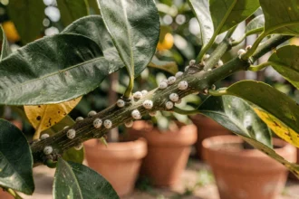 Gros plan sur une branche de citronnier infestée de cochenilles farineuses blanches sur feuilles vertes brillantes