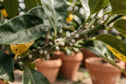 Gros plan sur une branche de citronnier infestée de cochenilles farineuses blanches sur feuilles vertes brillantes