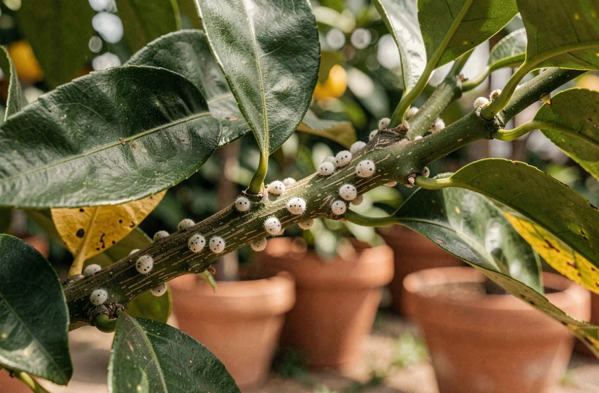 Gros plan sur une branche de citronnier infestée de cochenilles farineuses blanches sur feuilles vertes brillantes
