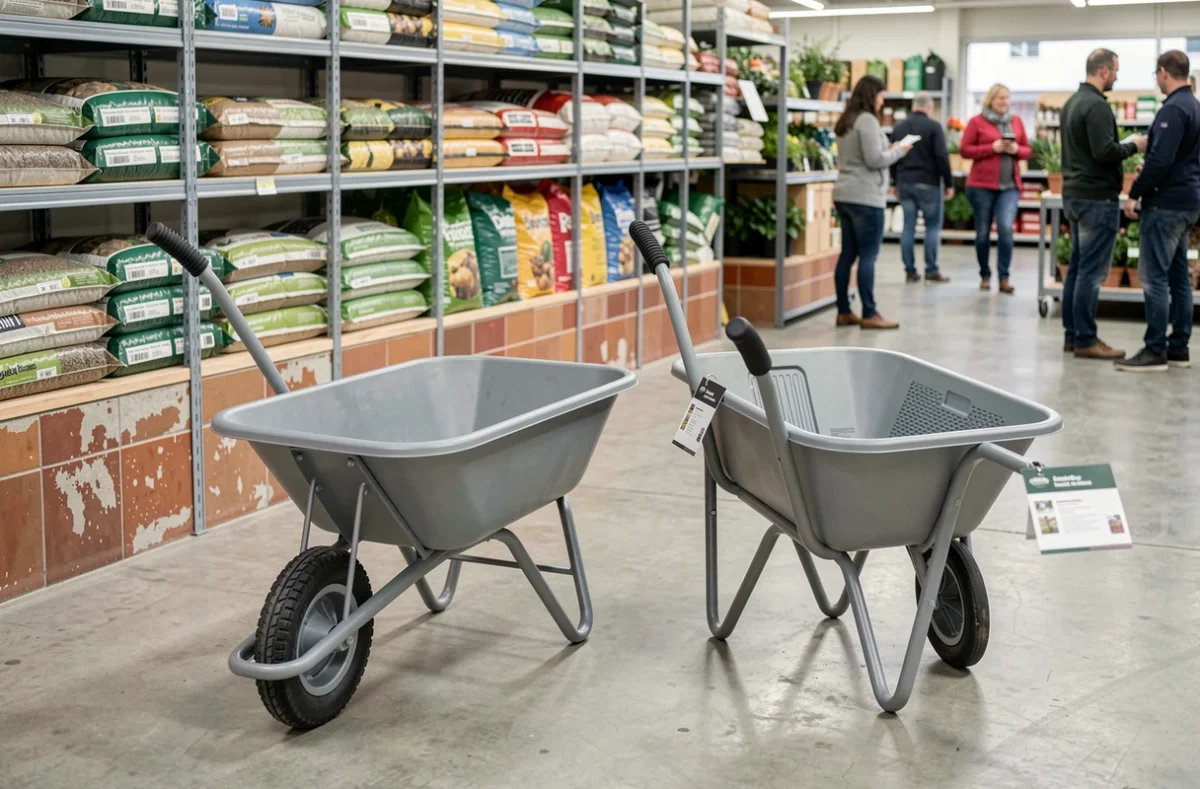 Comparaison côte à côte d'une brouette volume traditionnelle et d'une brouette pliante dans un magasin de jardinage