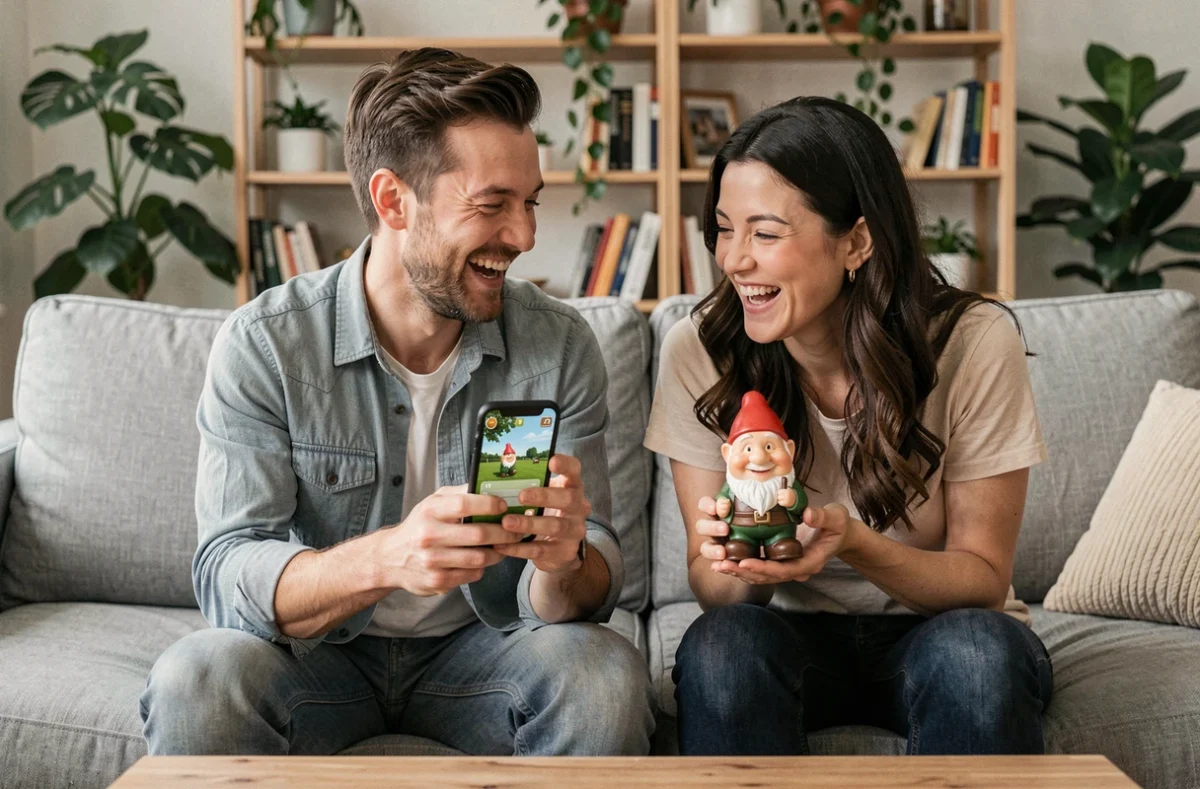 Deux amis comparant un jeu de nain de jardin sur smartphone avec une figurine physique dans un salon moderne