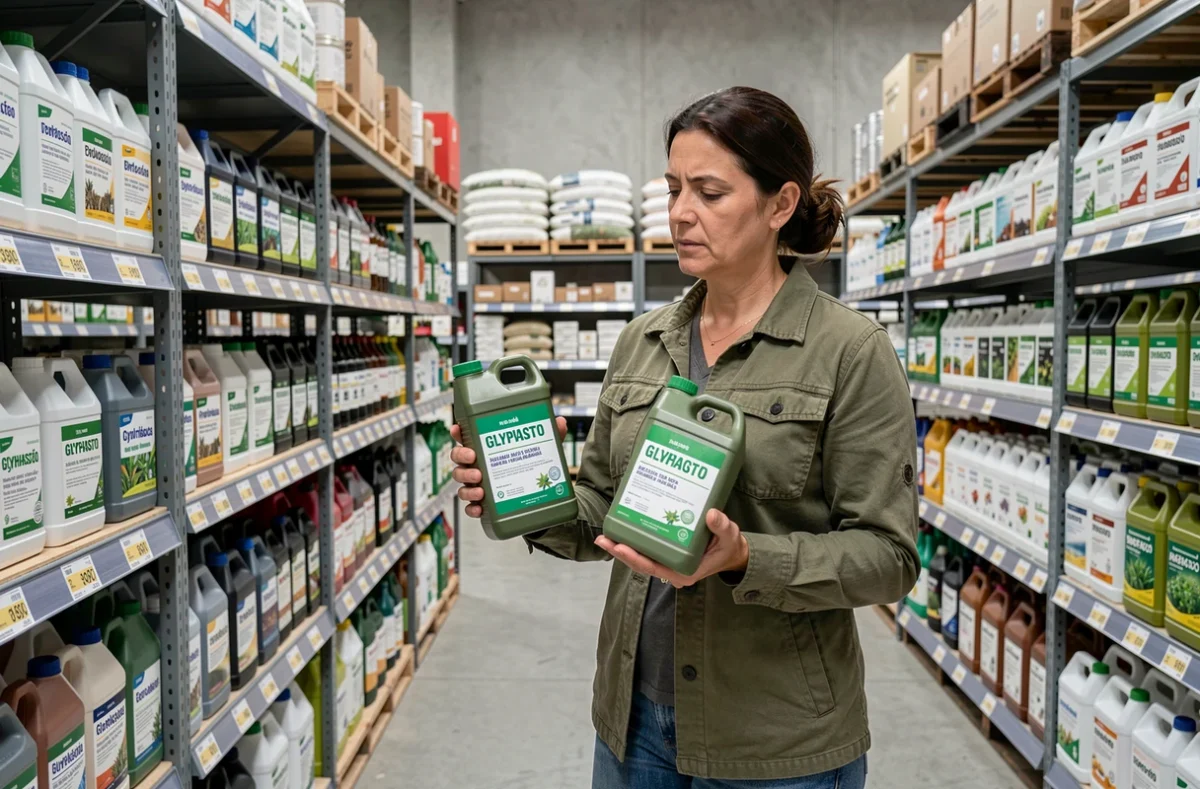 Femme comparant les prix de bouteilles de glyphosate 360 dans un magasin agricole au Portugal