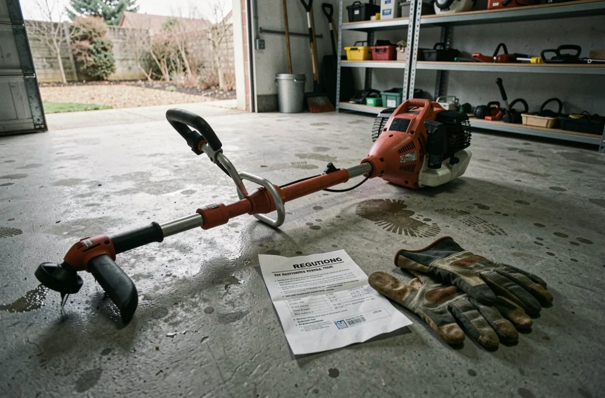 Débroussaillant thermique posé au sol d'un garage avec un avis réglementaire d'interdiction