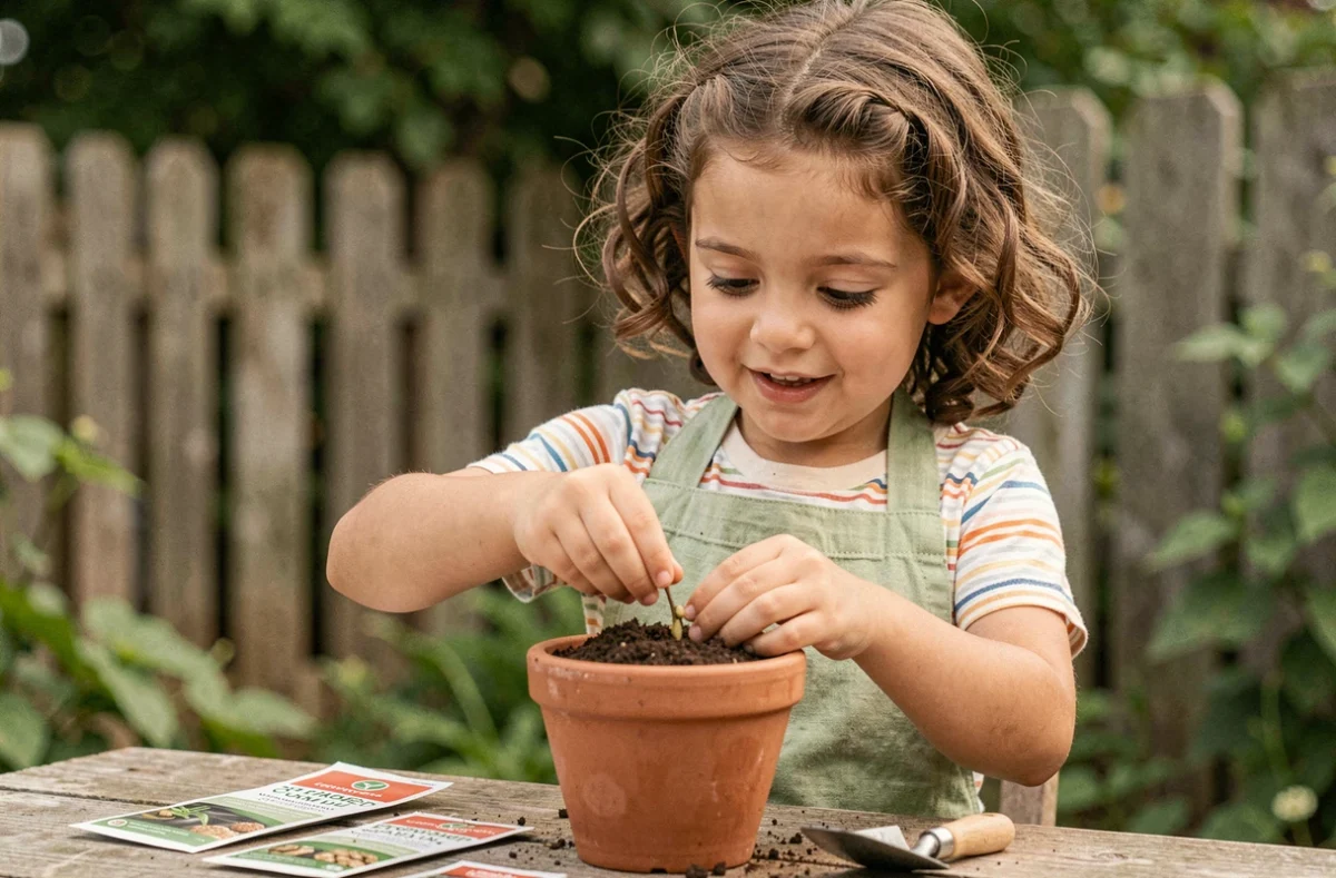 Jeune fille plantant des graines de haricots dans un pot en terre cuite au jardin, activité pédagogique pour enfants
