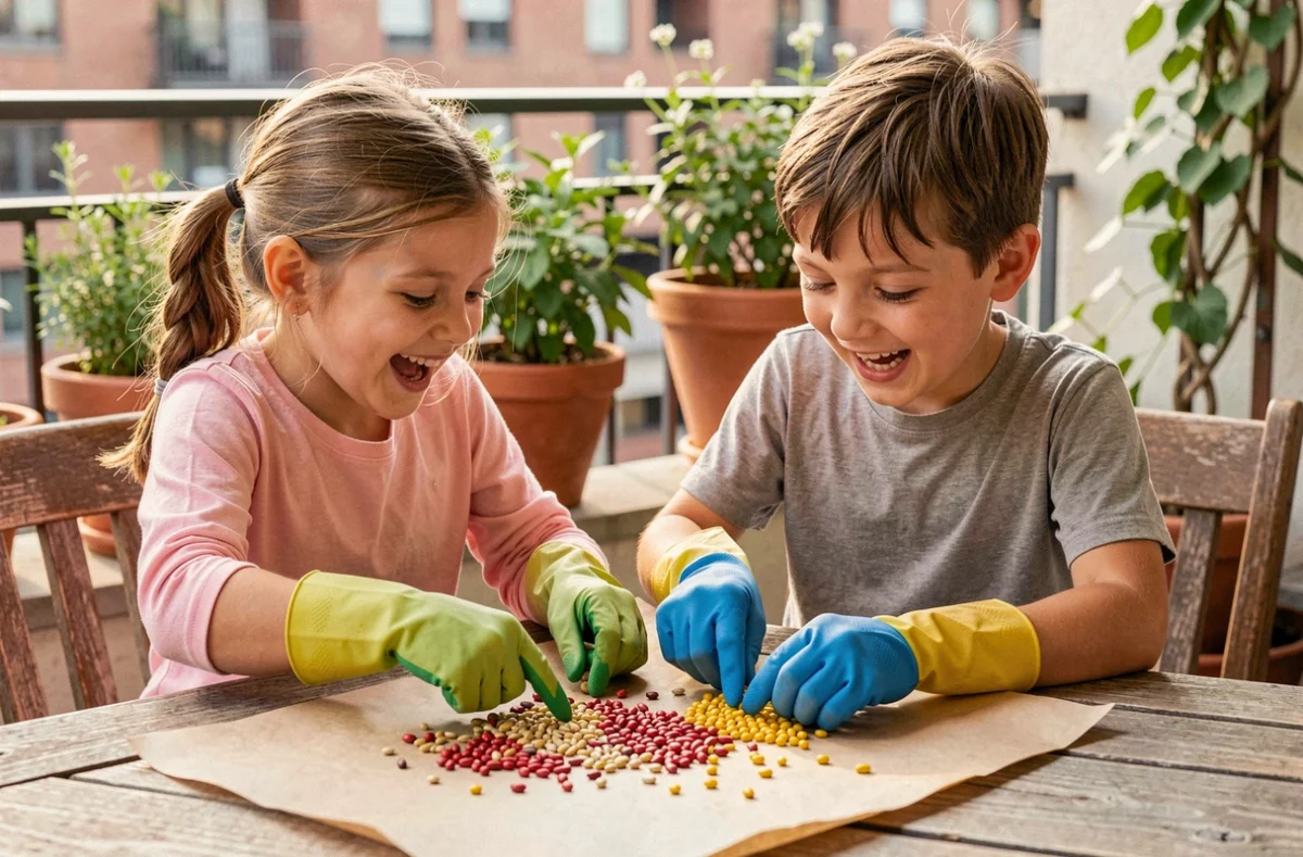 Deux enfants triant des variétés de graines de haricots sur une table en bois, activité ludique au jardin