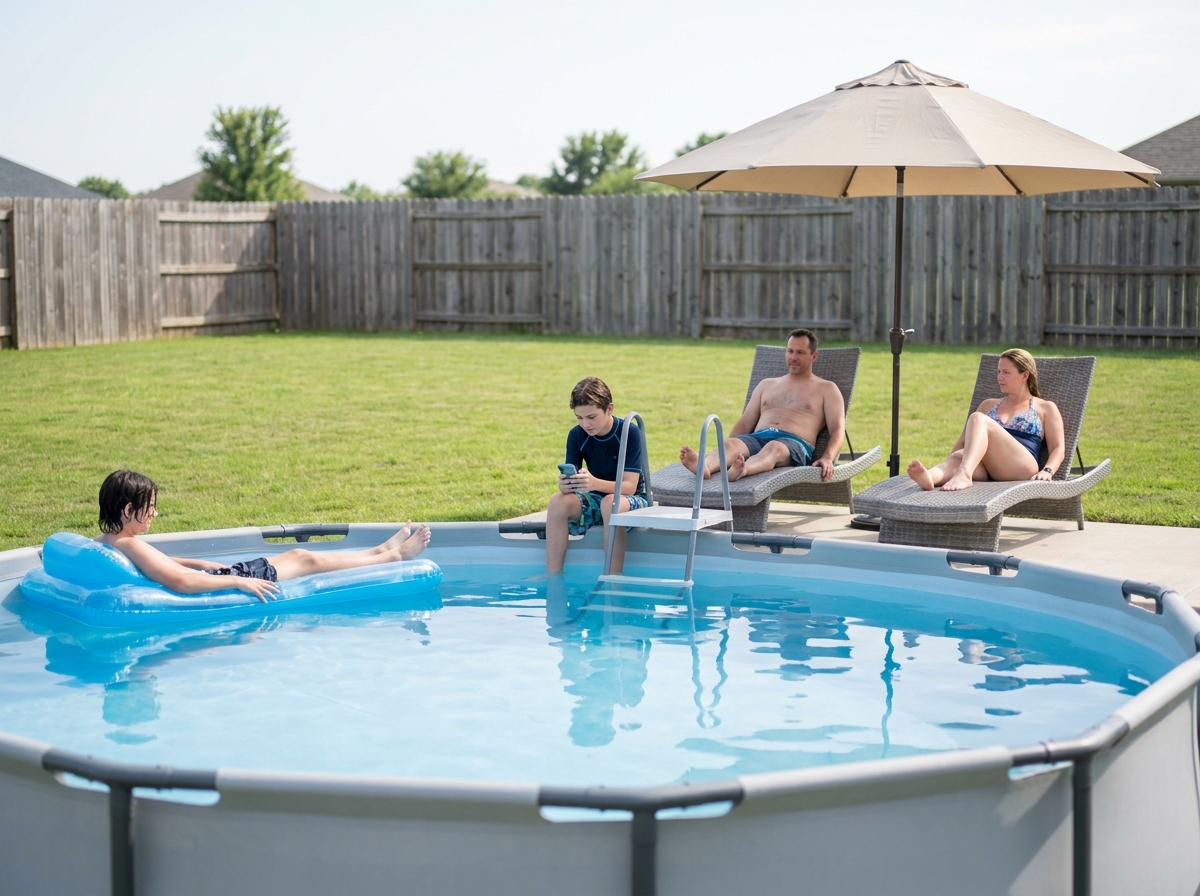 Famille profitant d'une piscine hors-sol dans un jardin résidentiel pendant l'été