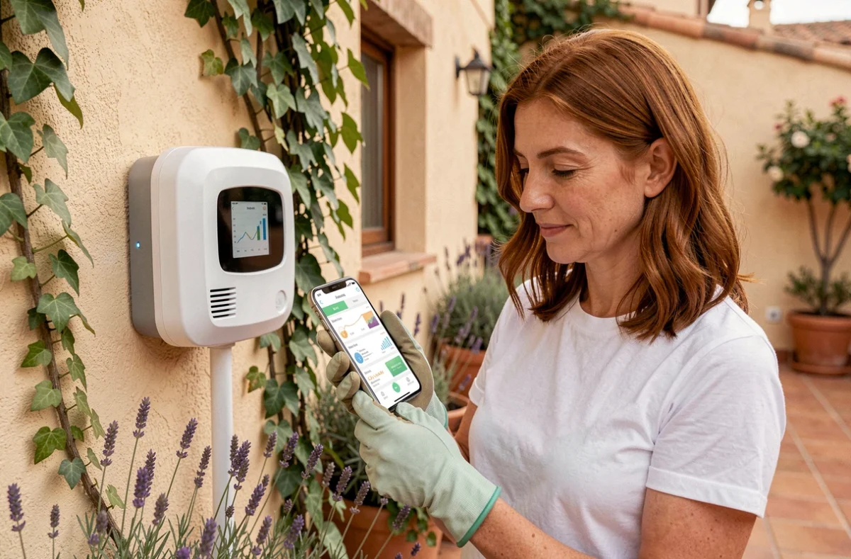 Une femme consulte une application de gestion de l'arrosage automatique sur smartphone à côté d'un contrôleur connecté fixé sur un mur extérieur