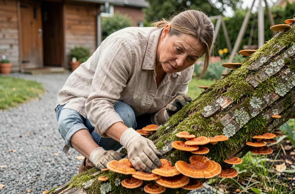 Femme en train d'examiner des champignons orange sur un tronc d'arbre mort dans son jardin avec des gants de jardinage