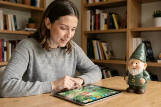Femme comparant un jeu de nain de jardin numérique sur tablette avec une figurine physique posée sur un bureau en bois