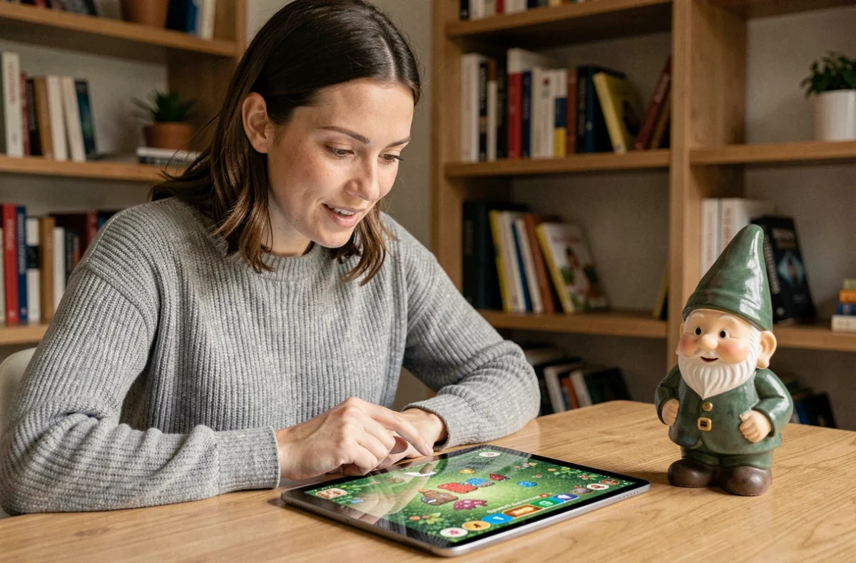 Femme comparant un jeu de nain de jardin numérique sur tablette avec une figurine physique posée sur un bureau en bois