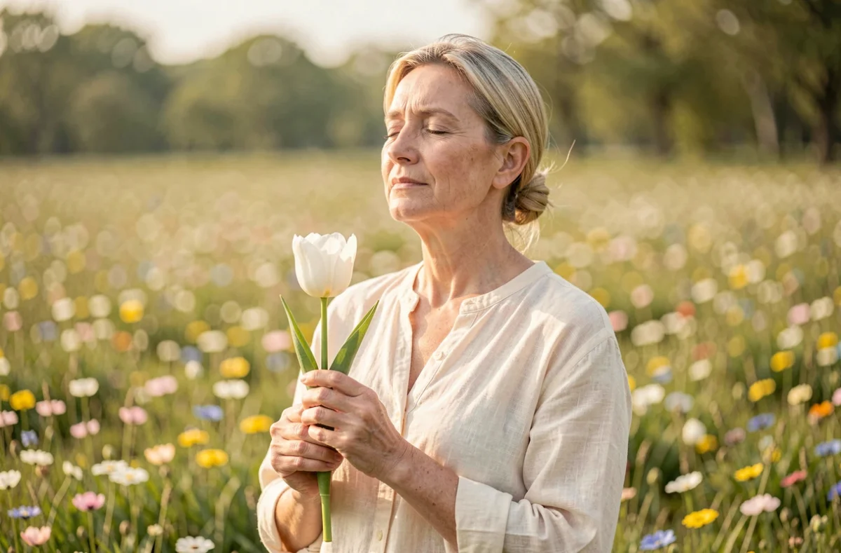 Femme tenant une tulipe blanche dans un champ fleuri, symbolisant la paix intérieure et la connexion spirituelle