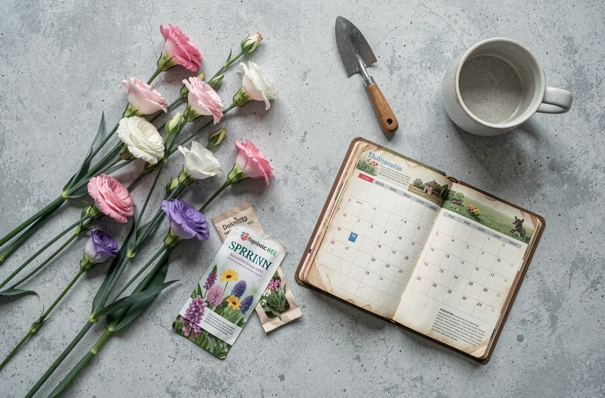 Composition à plat avec des tiges de lisianthus coupées, sachets de graines et calendrier de jardinage sur béton gris