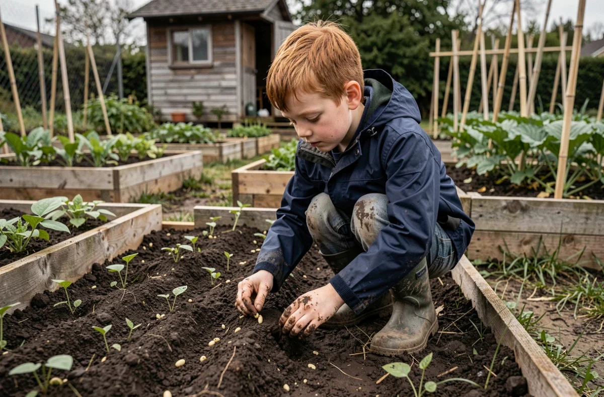 Garçon agenouillé dans un potager en bac surélevé semant des haricots dans la terre humide