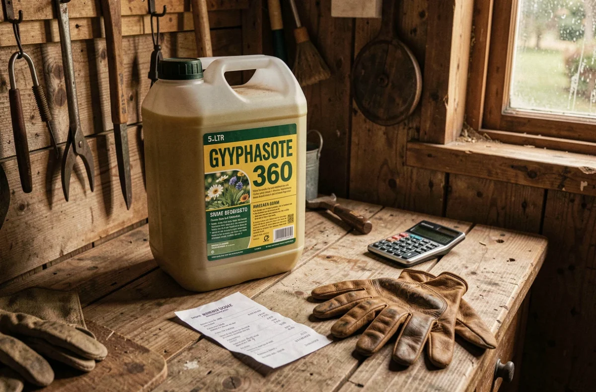 Bouteille de glyphosate 360 avec ticket de caisse et calculatrice sur un établi de jardin portugais