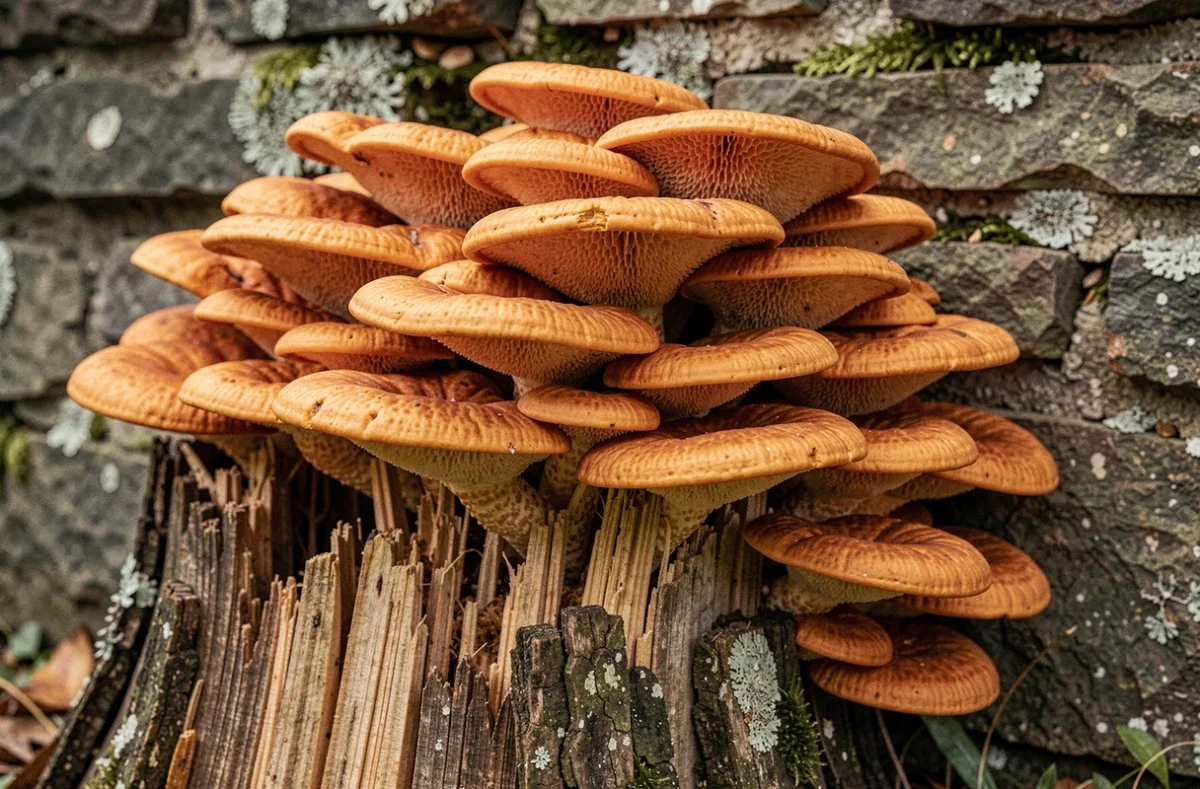 Gros plan sur des champignons orange en étagères poussant sur une souche de chêne mort contre un vieux mur en pierre