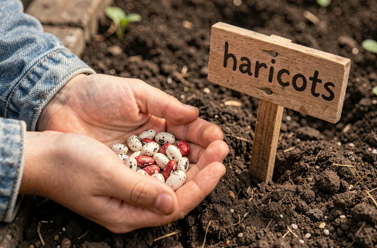 Gros plan sur les mains d'un enfant tenant des graines de haricots colorées au-dessus d'un sillon de terre prêt à être semé