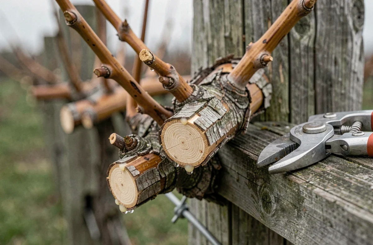 Gros plan sur des sarments de vigne de table taillés avec un sécateur posé sur un échalas en bois, gouttes de sève visibles