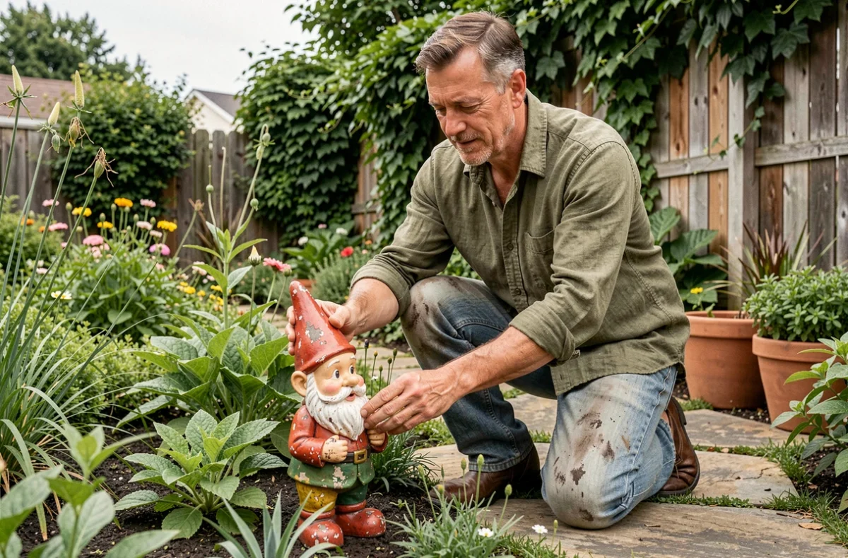 Homme plaçant un nain de jardin en céramique peint dans un jardin fleuri avec allée en pierre