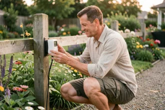 Un homme ajuste un programmateur d'arrosage automatique JARDINIC fixé sur un poteau en bois dans un jardin résidentiel verdoyant