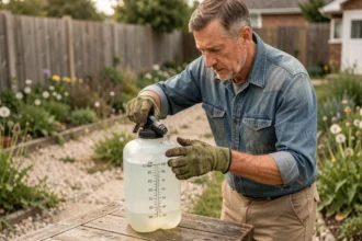 Jardinier amateur dosant du Roundup dans un pulvérisateur d'un litre dans son jardin