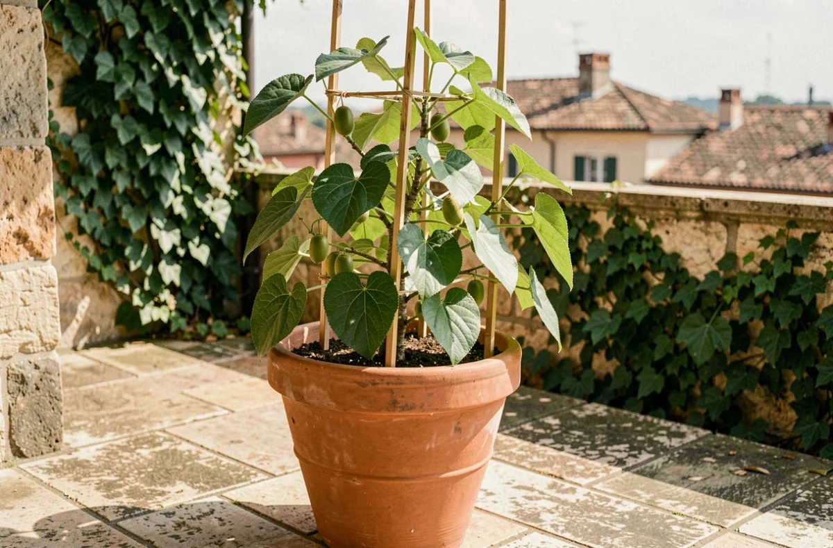 Plant de kiwi cultivé en pot sur un balcon ensoleillé avec des fruits en formation sur un treillage