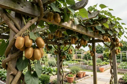 Kiwis mûrs poussant sur une pergola en bois dans un jardin bien entretenu avec des allées en pierre