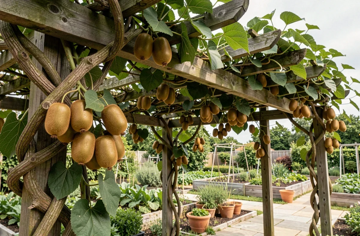 Kiwis mûrs poussant sur une pergola en bois dans un jardin bien entretenu avec des allées en pierre