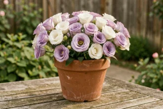 Pot de lisianthus en fleurs aux teintes violettes et blanches posé sur une table de jardin en bois rustique