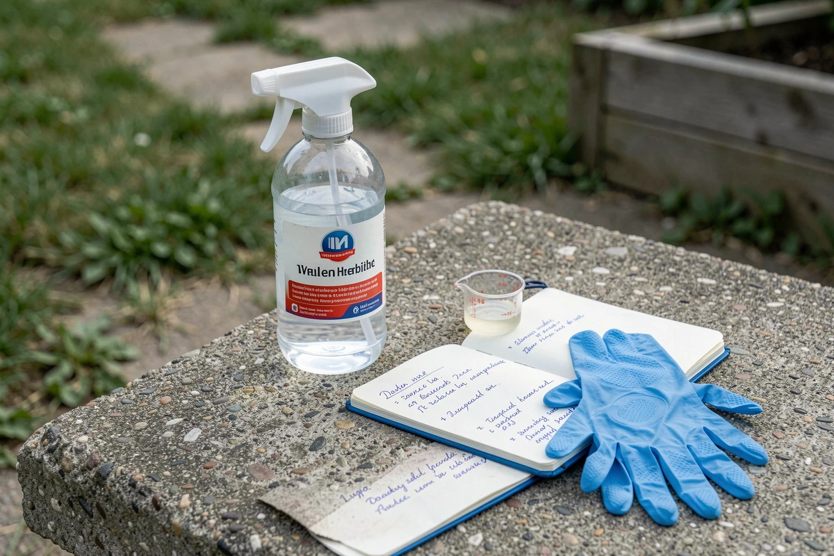 Matériel de dosage herbicide Roundup posé sur une table de jardin avec carnet de notes et gants de protection