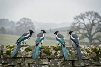 Quatre pies perchées sur un vieux mur de pierre moussu dans un paysage de campagne brumeux, symbolisant une signification spirituelle