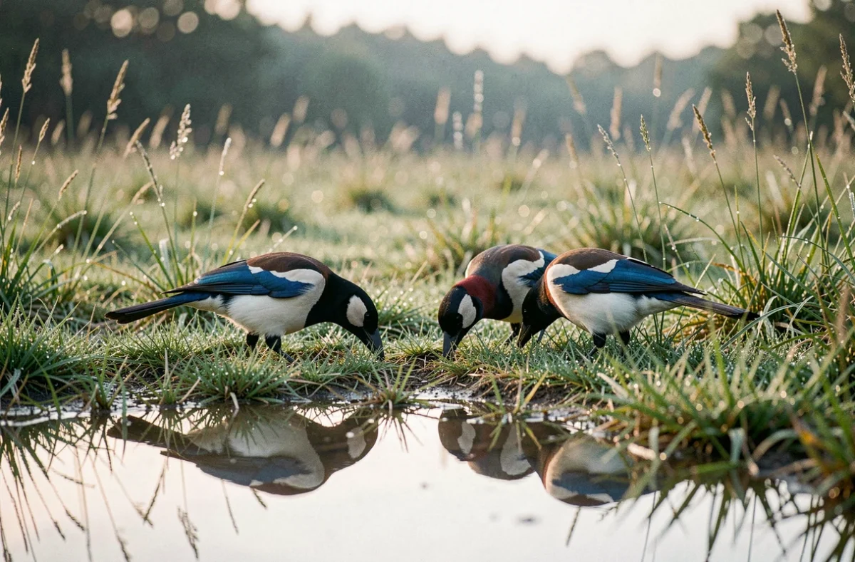 Quatre pies dans une prairie couverte de rosée au petit matin, symbolisant le message spirituel lié à l'observation de quatre pies dans la nature