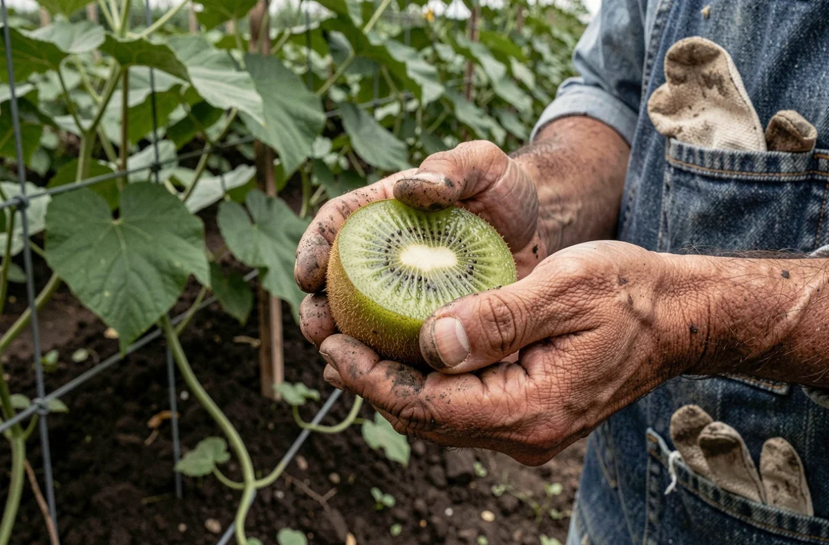 Mains de jardinier tenant un kiwi fraîchement coupé devant des rangées de vignes kiwis au jardin