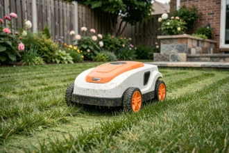 Robot tondeuse Kress en action sur une pelouse résidentielle bien entretenue, vue en contre-plongée