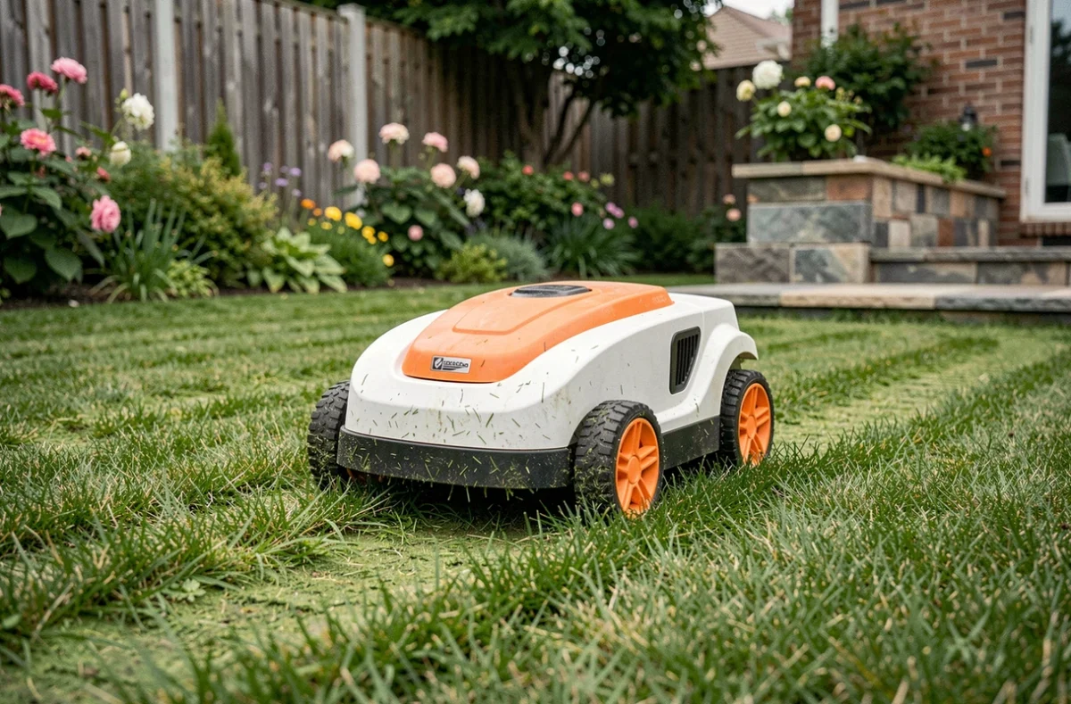 Robot tondeuse Kress en action sur une pelouse résidentielle bien entretenue, vue en contre-plongée