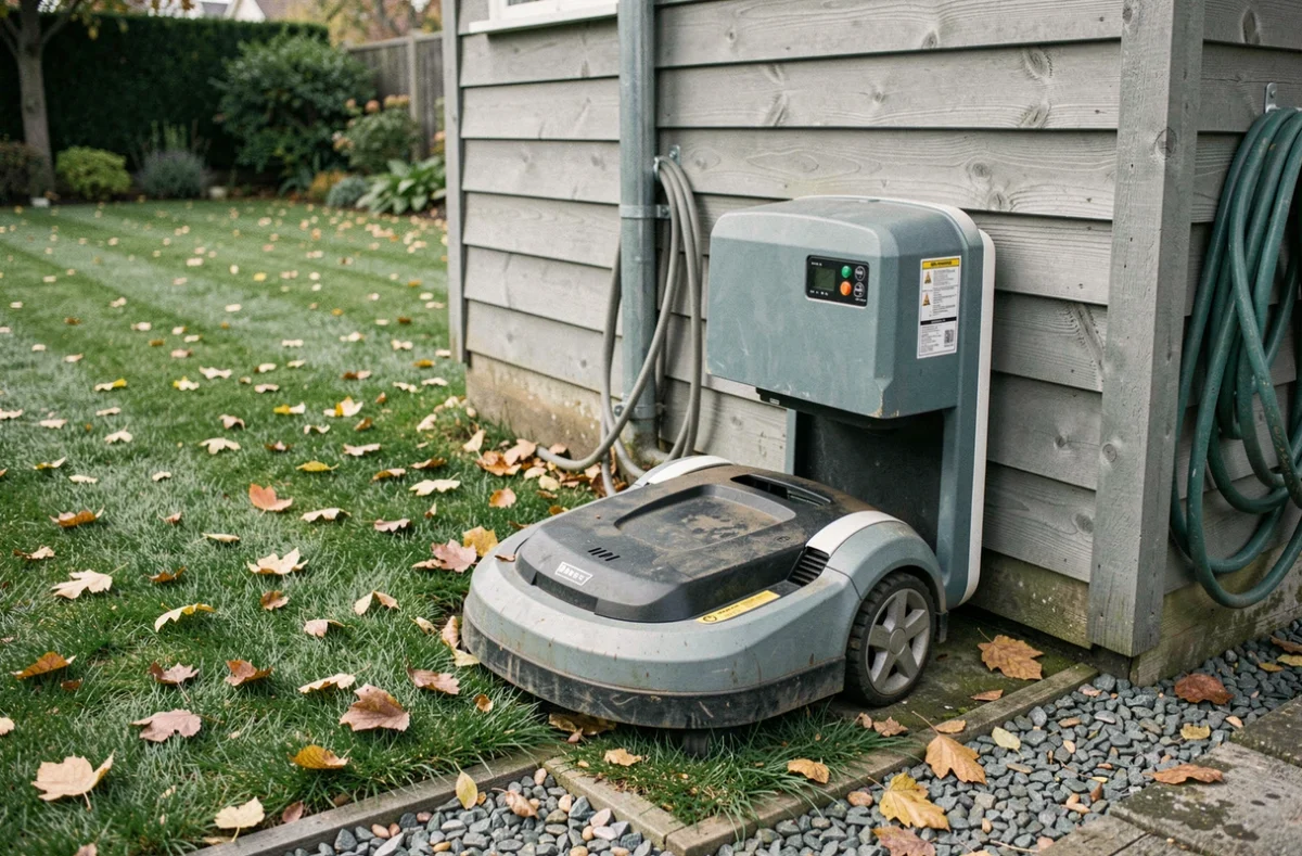 Robot tondeuse Kress garé sur sa station de charge près d'un abri de jardin en fin de saison