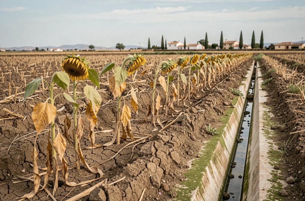 Sol agricole dégradé en Espagne avec végétation flétrie et résidus près d'un canal d'irrigation, impact environnemental des herbicides
