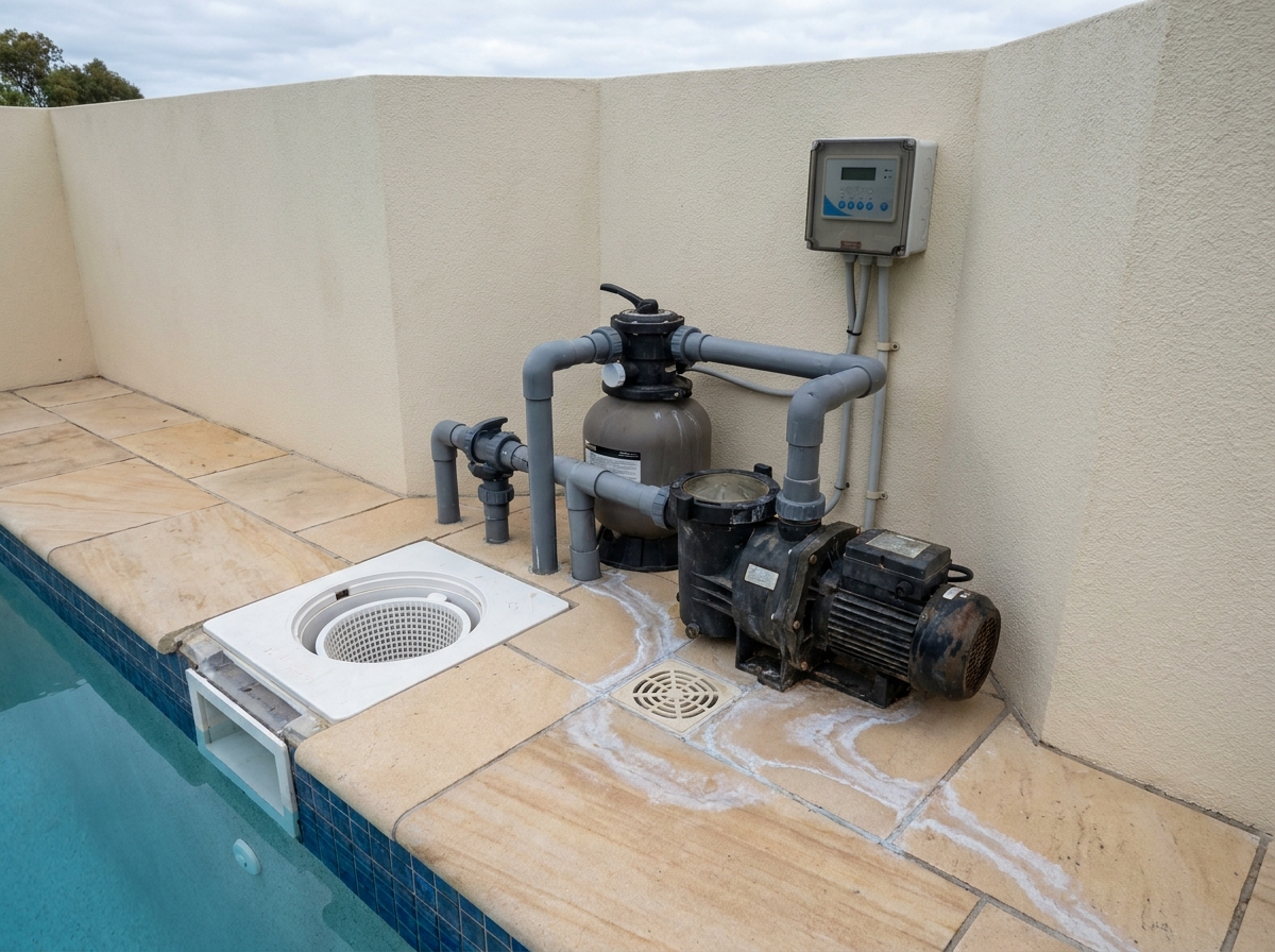 Système de filtration et pompe de piscine installés le long du margelle en pierre d'une piscine résidentielle