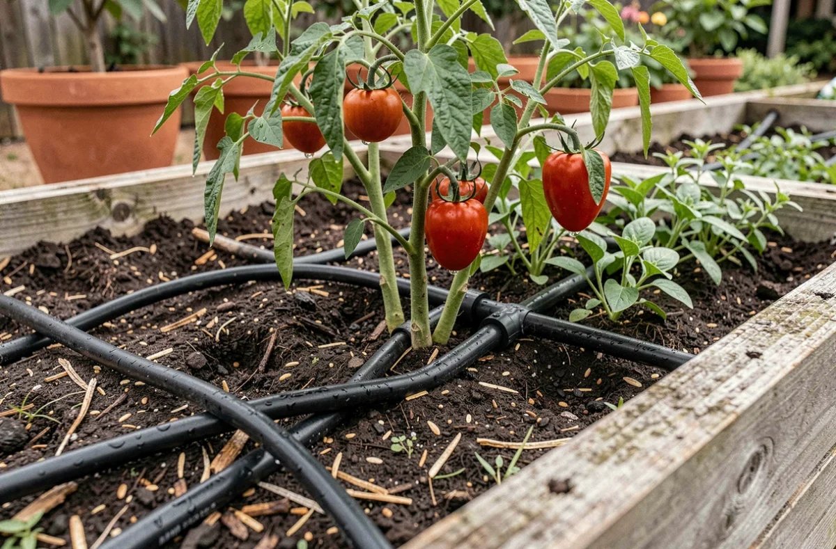 Système de goutte-à-goutte d'arrosage automatique installé dans un potager surélevé avec des plants de tomates et d'herbes aromatiques