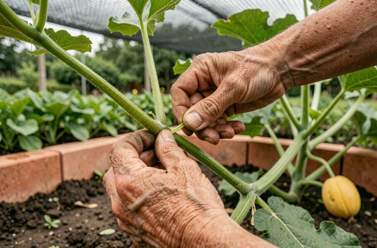 Gros plan sur des mains de jardinière réalisant la taille en ébourgeonnage d'un plant de melon charentais pour favoriser la nouaison