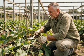 Maraîcher expérimenté en train de tailler les tiges latérales de plants de melons charentais dans un jardin potager professionnel
