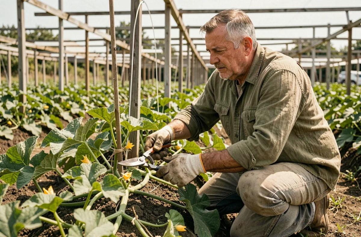 Maraîcher expérimenté en train de tailler les tiges latérales de plants de melons charentais dans un jardin potager professionnel