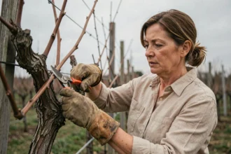 Femme taillant une vigne de table en hiver avec un sécateur dans un jardin, ceps noueux sur treille en bois