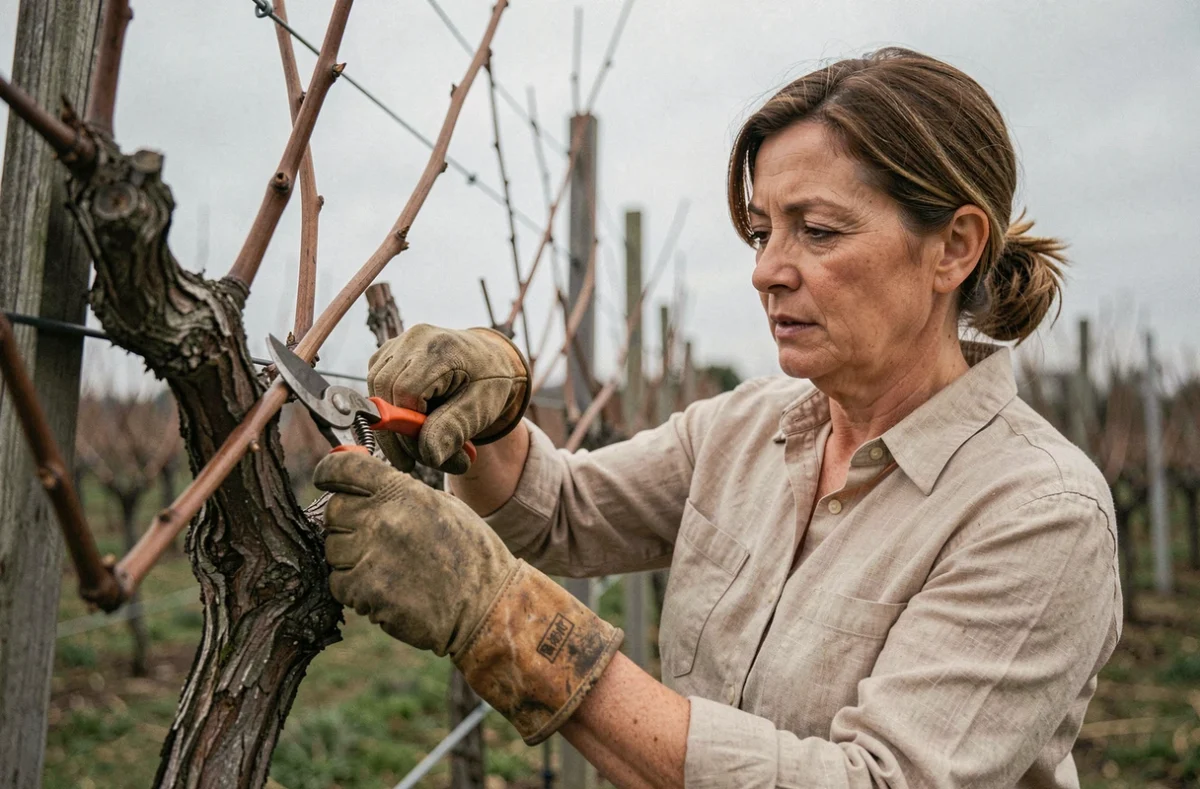 Femme taillant une vigne de table en hiver avec un sécateur dans un jardin, ceps noueux sur treille en bois