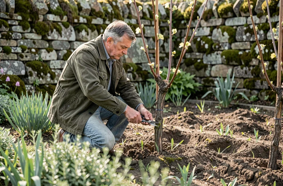 Homme taillant une jeune vigne de table au printemps dans un jardin avec des bourgeons naissants et un mur en pierre