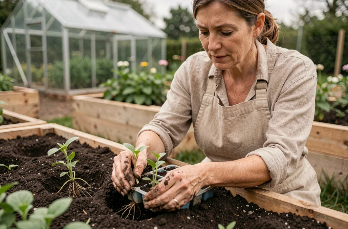 Femme jardinière transplantant des jeunes plants de lisianthus dans un carré de jardin en pleine terre