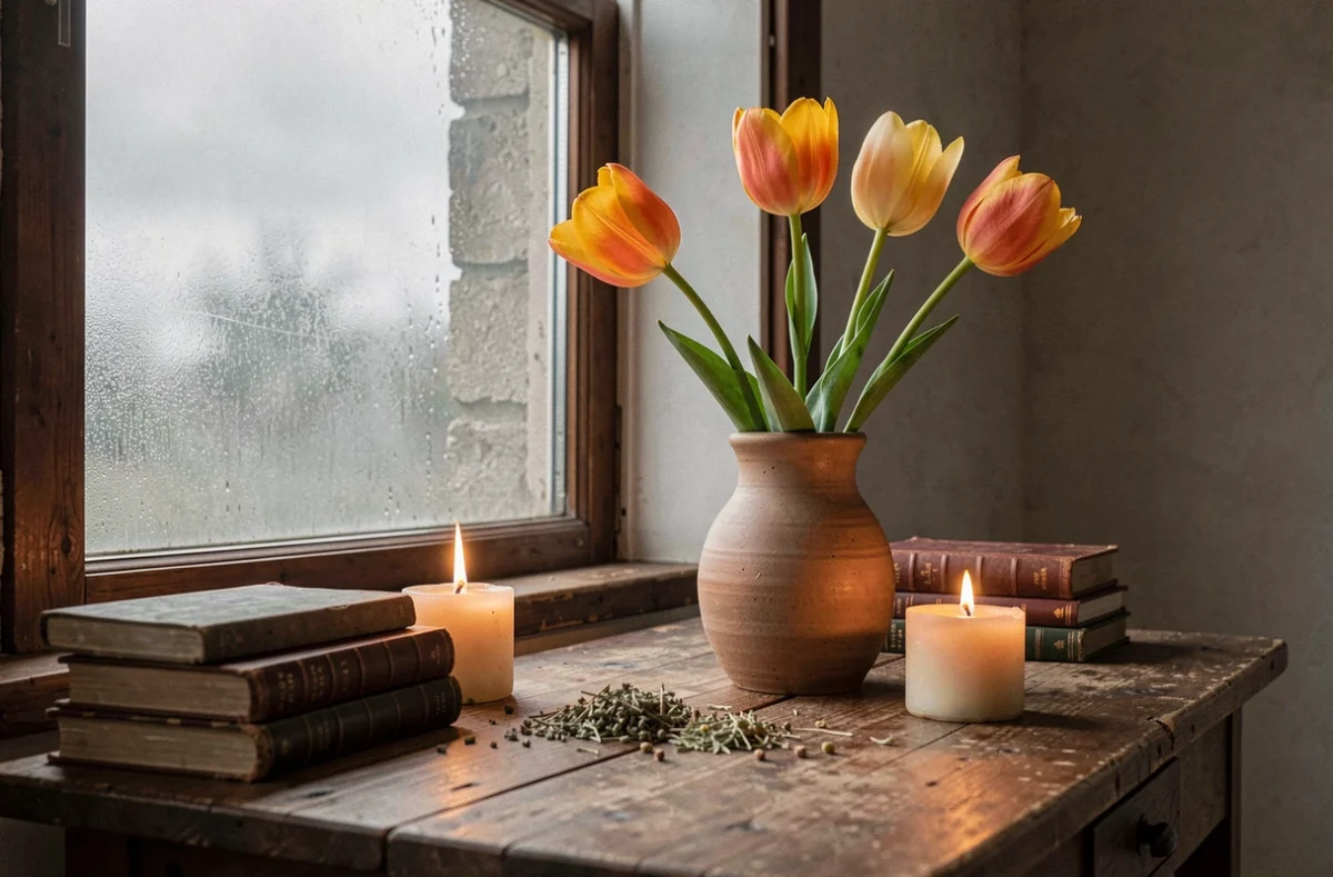 Vase de tulipes jaunes et orangées sur une table en bois avec bougies et livres anciens, symboles ésotériques et signification spirituelle