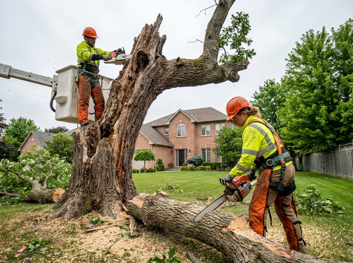 Deux élagueurs professionnels en équipement de sécurité abattant un arbre mort et pourri dans un jardin résidentiel