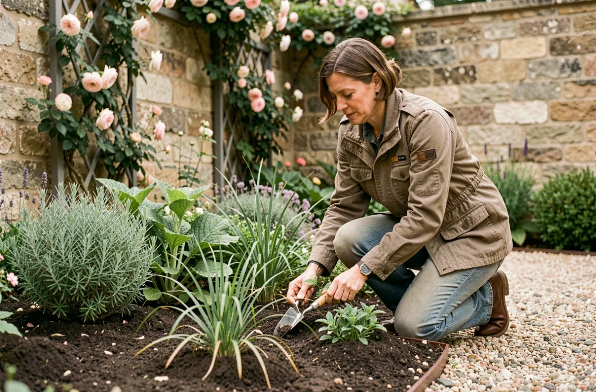 Althea Jardins, paysagiste féminine plantant une bordure de plantes vivaces dans un jardin clos à Paris avec murs en pierre ancienne