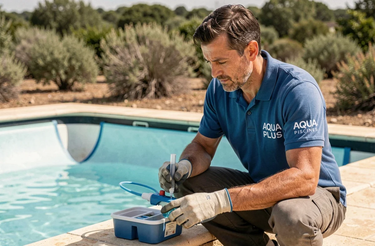 Technicien Aqua Plus Piscines effectuant un test de qualité d'eau au bord d'une piscine en cours de rénovation dans l'Hérault, avec kit d'analyse chimique en main