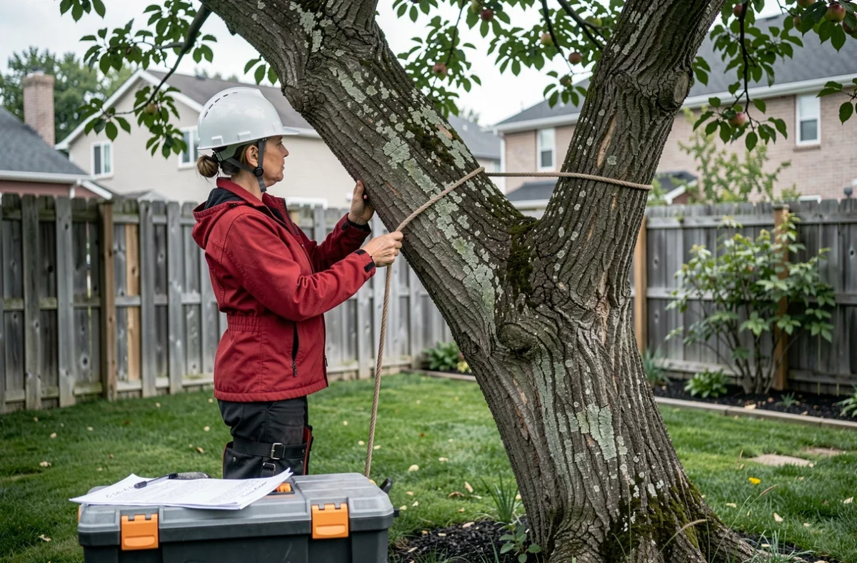 Arboriste attachant une corde de guidage sur un vieux pommier penché dans un jardin résidentiel pour un abattage sécurisé
